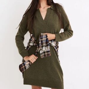 Madewell Sweater Dress - Merino Wool Blend Forest Green Knit Dress V-Neck Size L